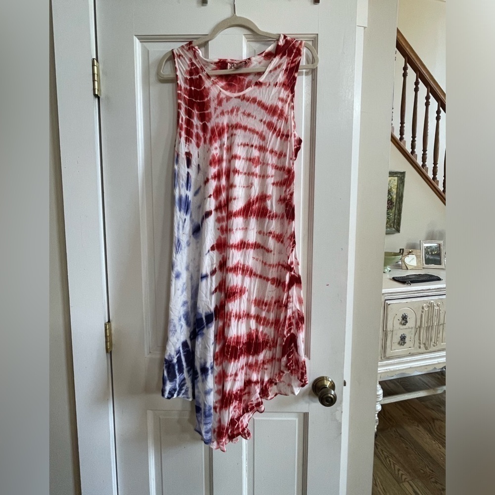Great tied dyed red white and blue dress! One size fits most